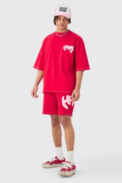 Oversized Contrast Stitch Puff Print Half Sleeve T-shirt & Short Set | BoohooMAN UK