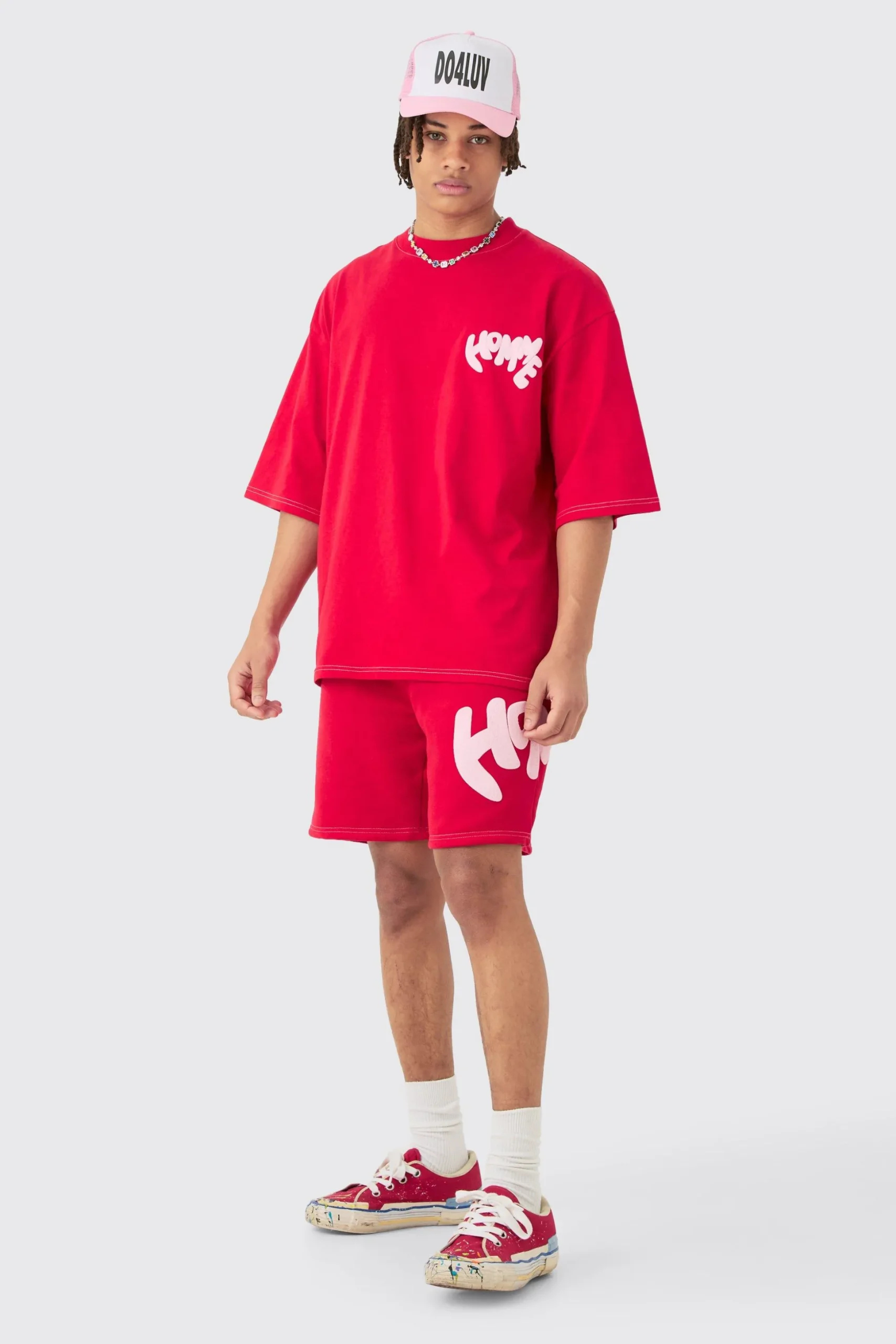Oversized Contrast Stitch Puff Print Half Sleeve T-shirt & Short Set | BoohooMAN UK