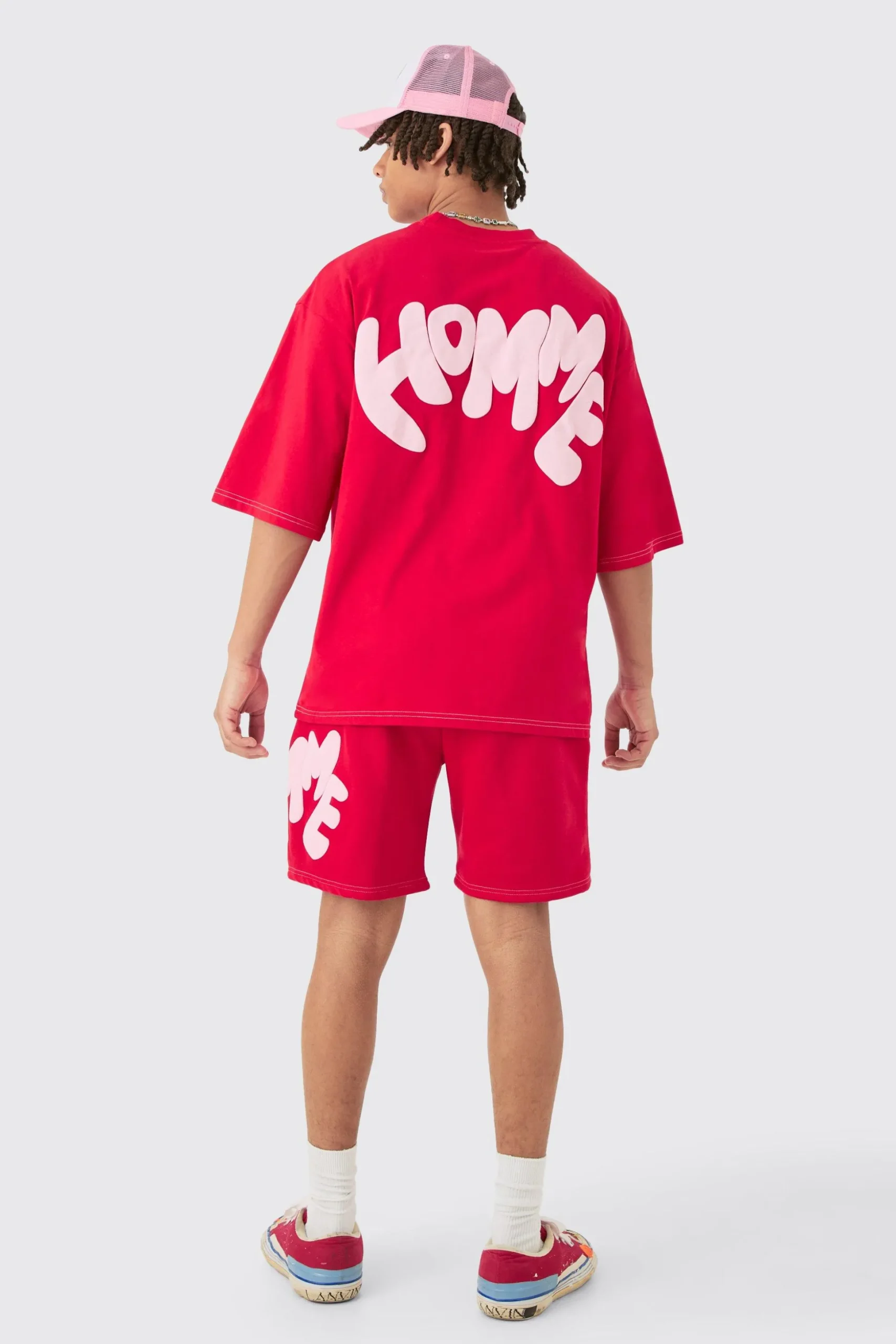 Oversized Contrast Stitch Puff Print Half Sleeve T-shirt & Short Set | BoohooMAN UK