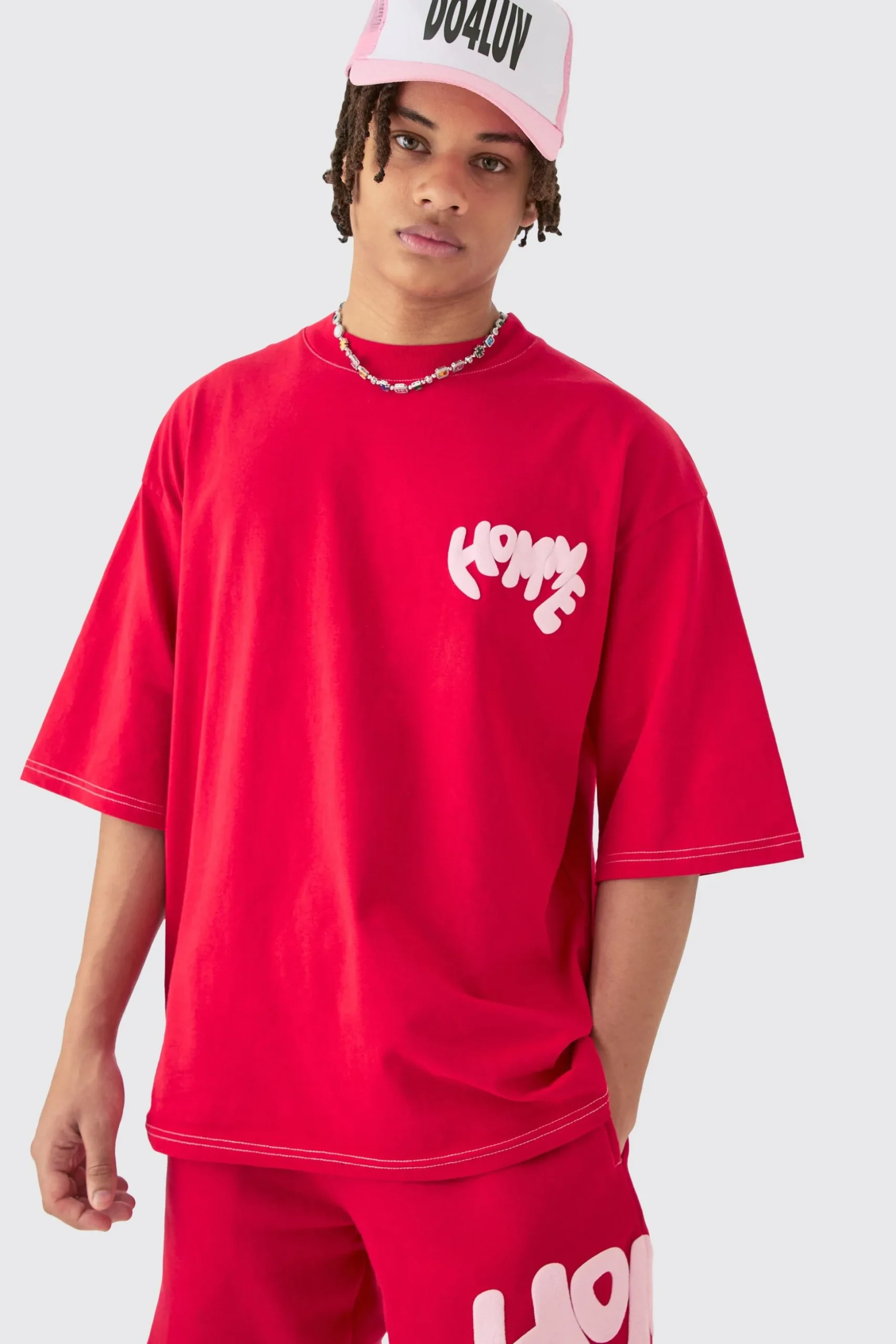 Oversized Contrast Stitch Puff Print Half Sleeve T-shirt & Short Set | BoohooMAN UK