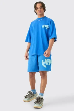 Oversized Contrast Stitch Puff Print Half Sleeve T-shirt & Short Set | BoohooMAN UK