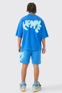 Oversized Contrast Stitch Puff Print Half Sleeve T-shirt & Short Set | BoohooMAN UK