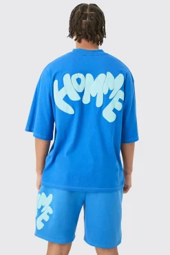 Oversized Contrast Stitch Puff Print Half Sleeve T-shirt & Short Set | BoohooMAN UK