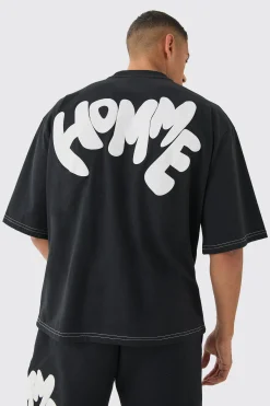 Oversized Contrast Stitch Puff Print Half Sleeve T-shirt | BoohooMAN UK