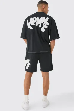 Oversized Contrast Stitch Puff Print Half Sleeve T-shirt | BoohooMAN UK