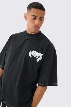 Oversized Contrast Stitch Puff Print Half Sleeve T-shirt | BoohooMAN UK
