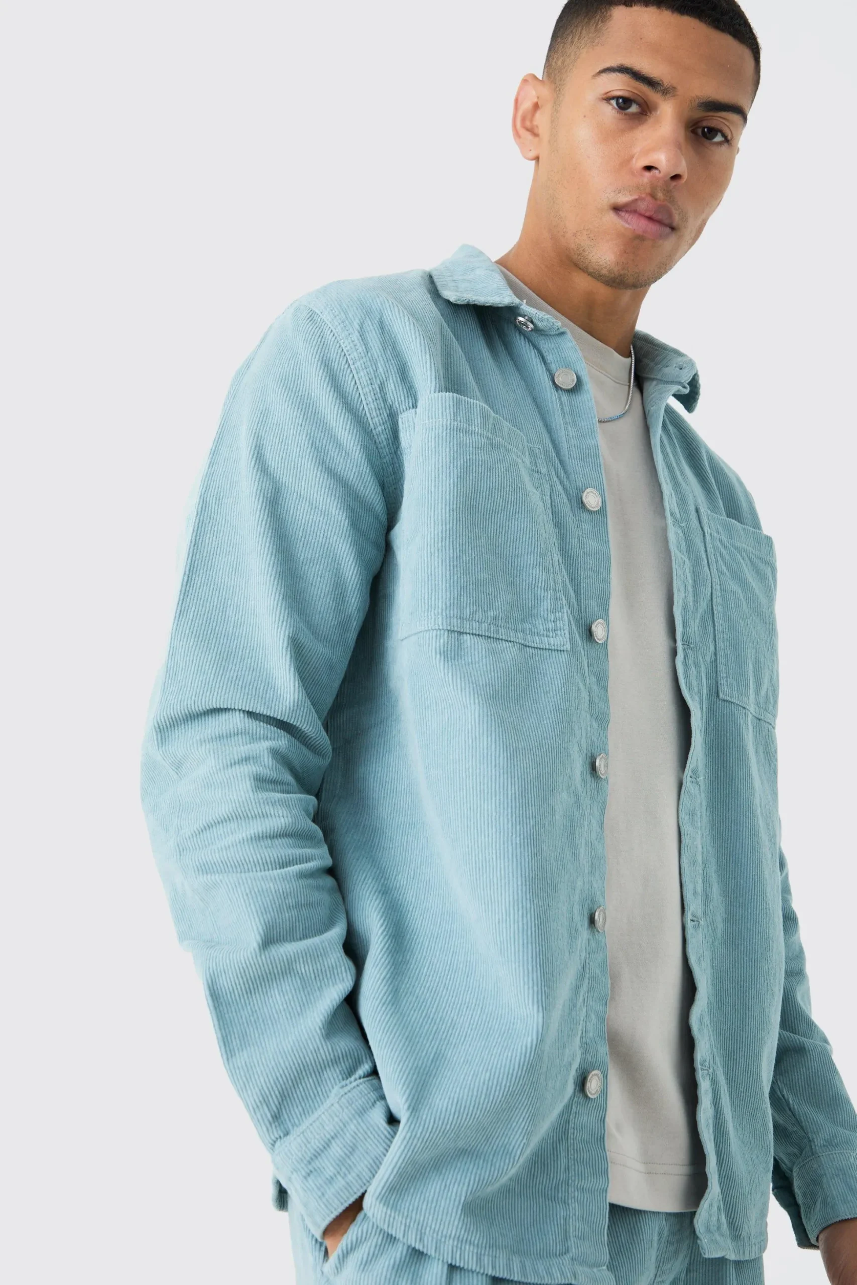 Oversized Cord Shirt In Slate | BoohooMAN UK