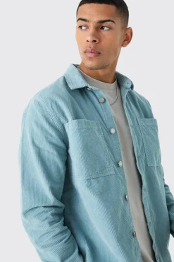 Oversized Cord Shirt In Slate | BoohooMAN UK