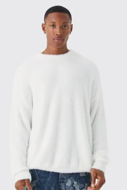 Oversized Crew Neck Fluffy Knitted Jumper | BoohooMAN UK