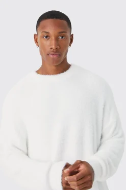 Oversized Crew Neck Fluffy Knitted Jumper | BoohooMAN UK