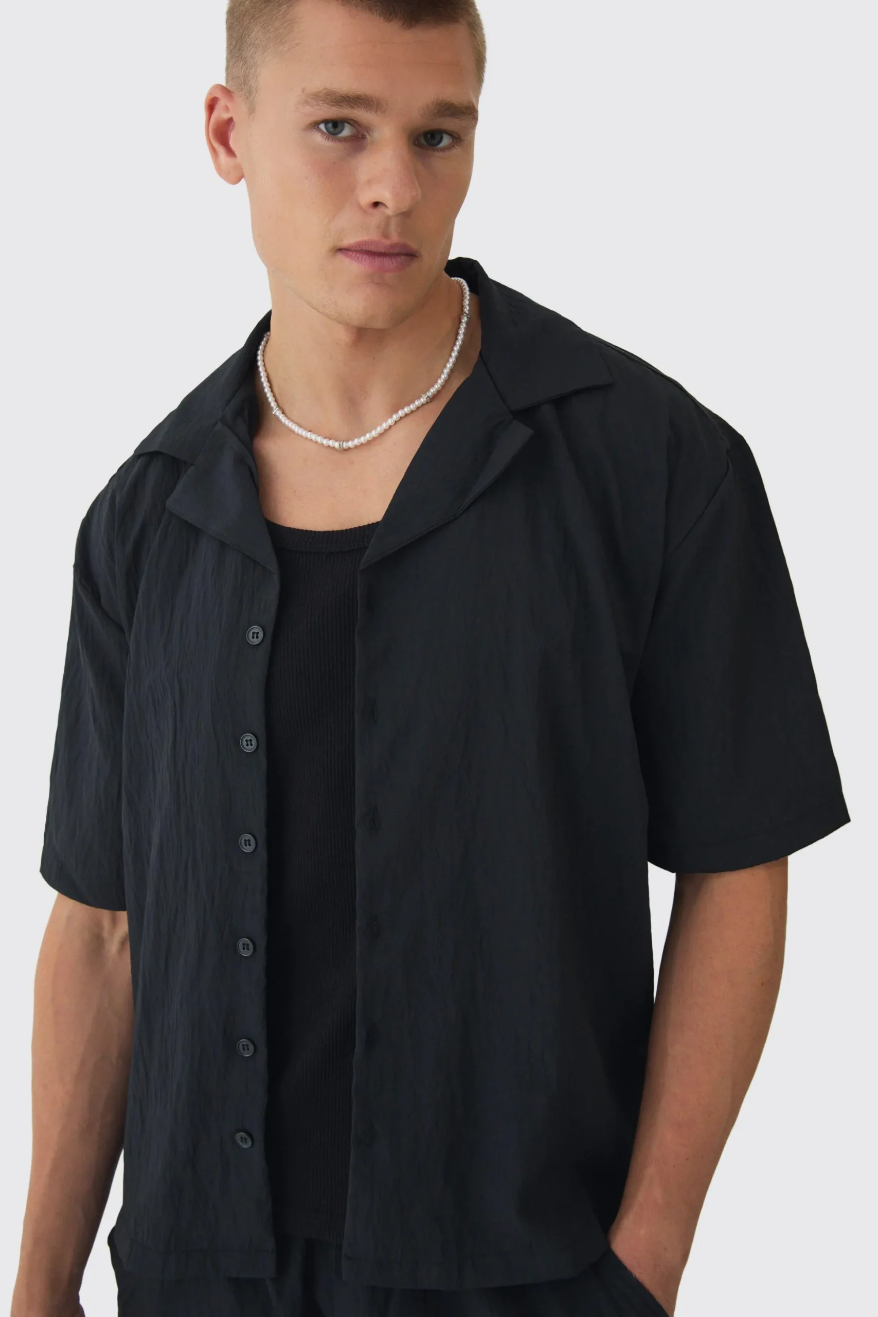 Oversized Crinkle Revere Shirt & Relaxed Short Set | BoohooMAN UK