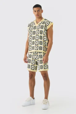 Oversized Crochet Knit Tank And Short Set | BoohooMAN UK