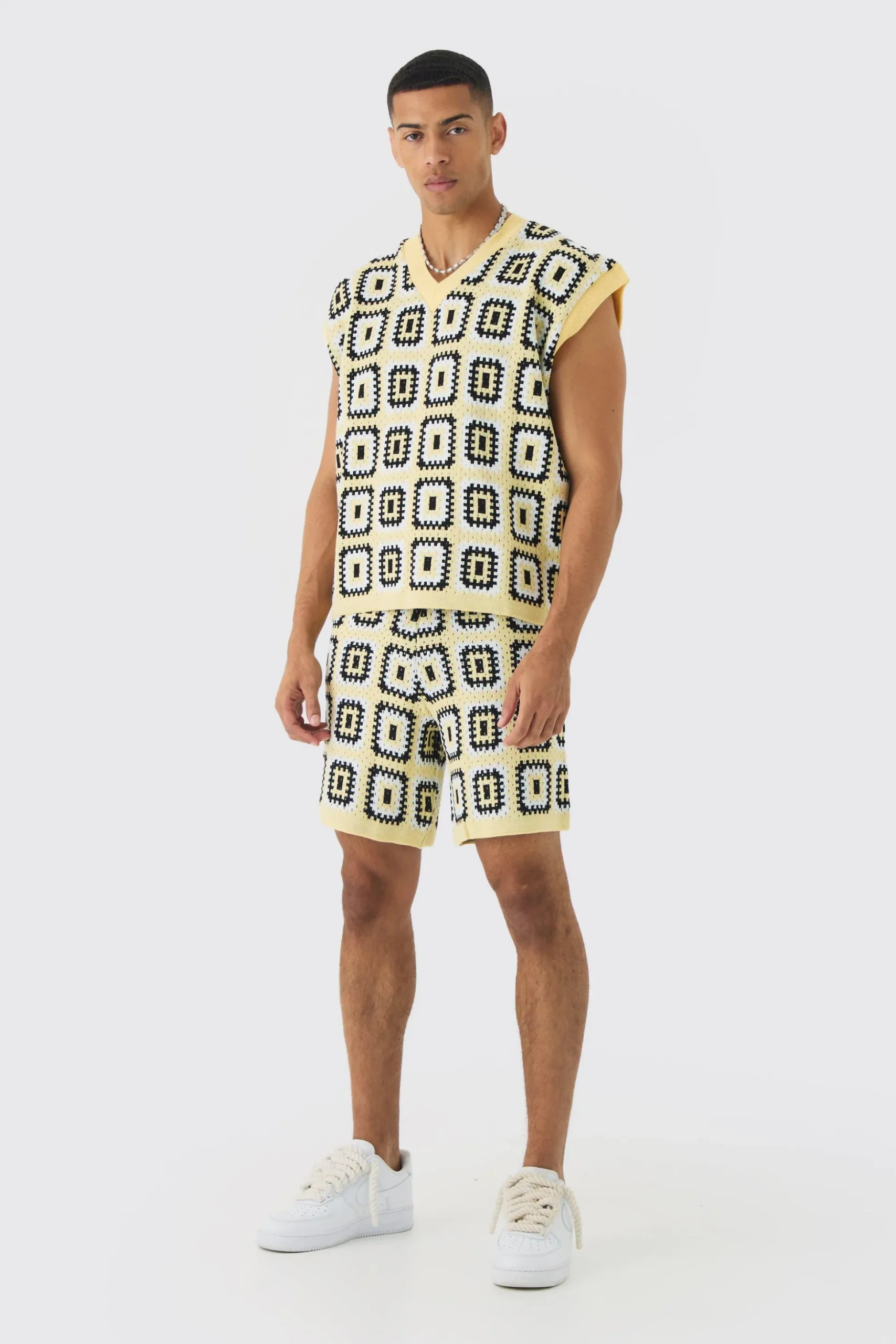 Oversized Crochet Knit Tank And Short Set | BoohooMAN UK
