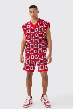 Oversized Crochet Knit Tank And Short Set | BoohooMAN UK