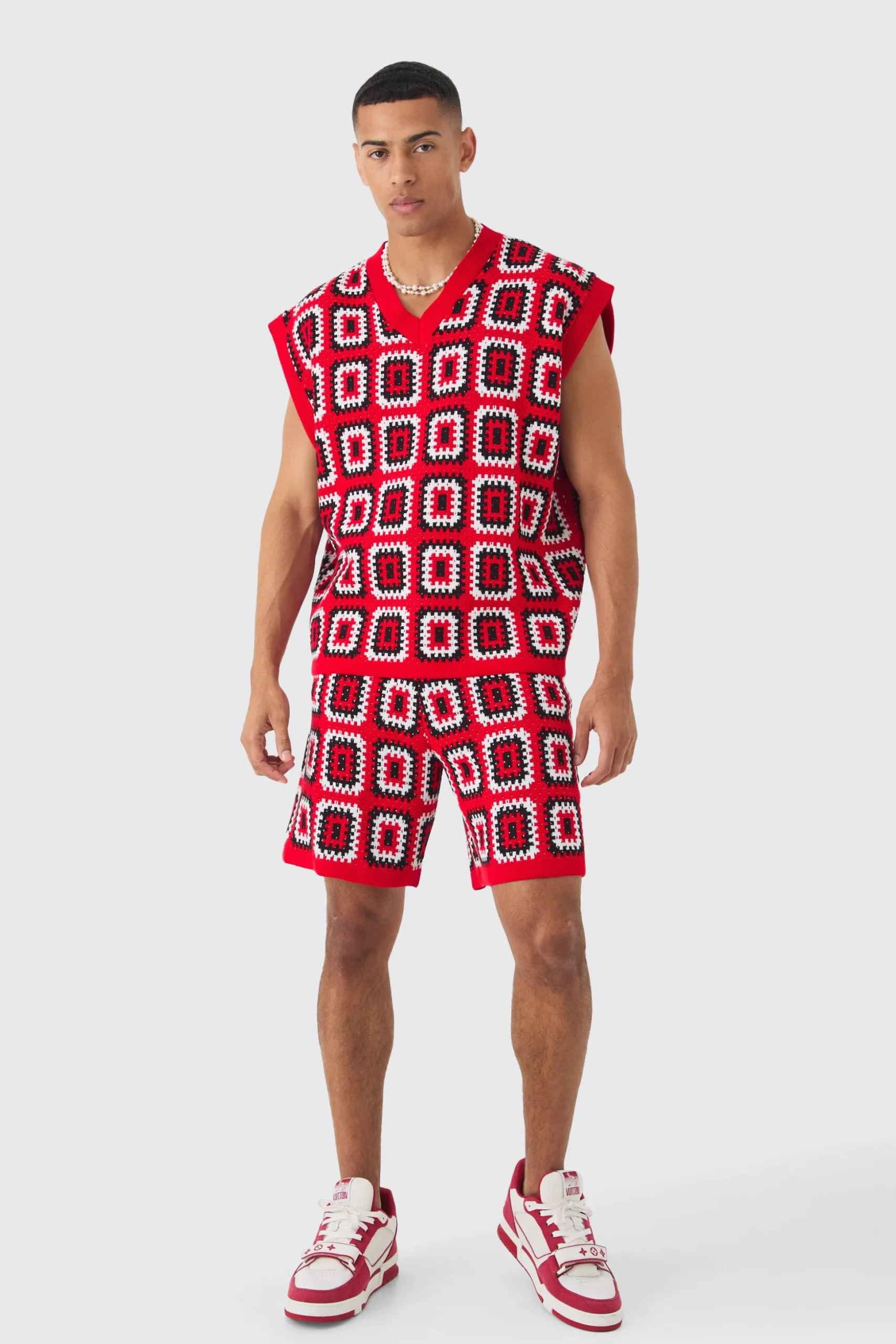 Oversized Crochet Knit Tank And Short Set | BoohooMAN UK