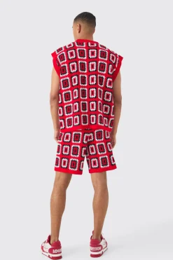 Oversized Crochet Knit Tank And Short Set | BoohooMAN UK
