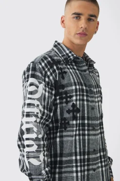Oversized Cross Patchwork Check Long Sleeve Shirt | BoohooMAN UK