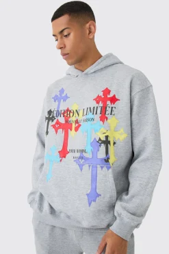 Oversized Cross Print Hoodie | BoohooMAN UK