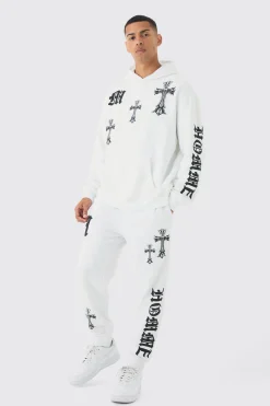 Oversized Cross Print Tracksuit | BoohooMAN UK