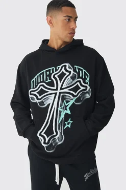Oversized Cross Printed Hoodie | BoohooMAN UK