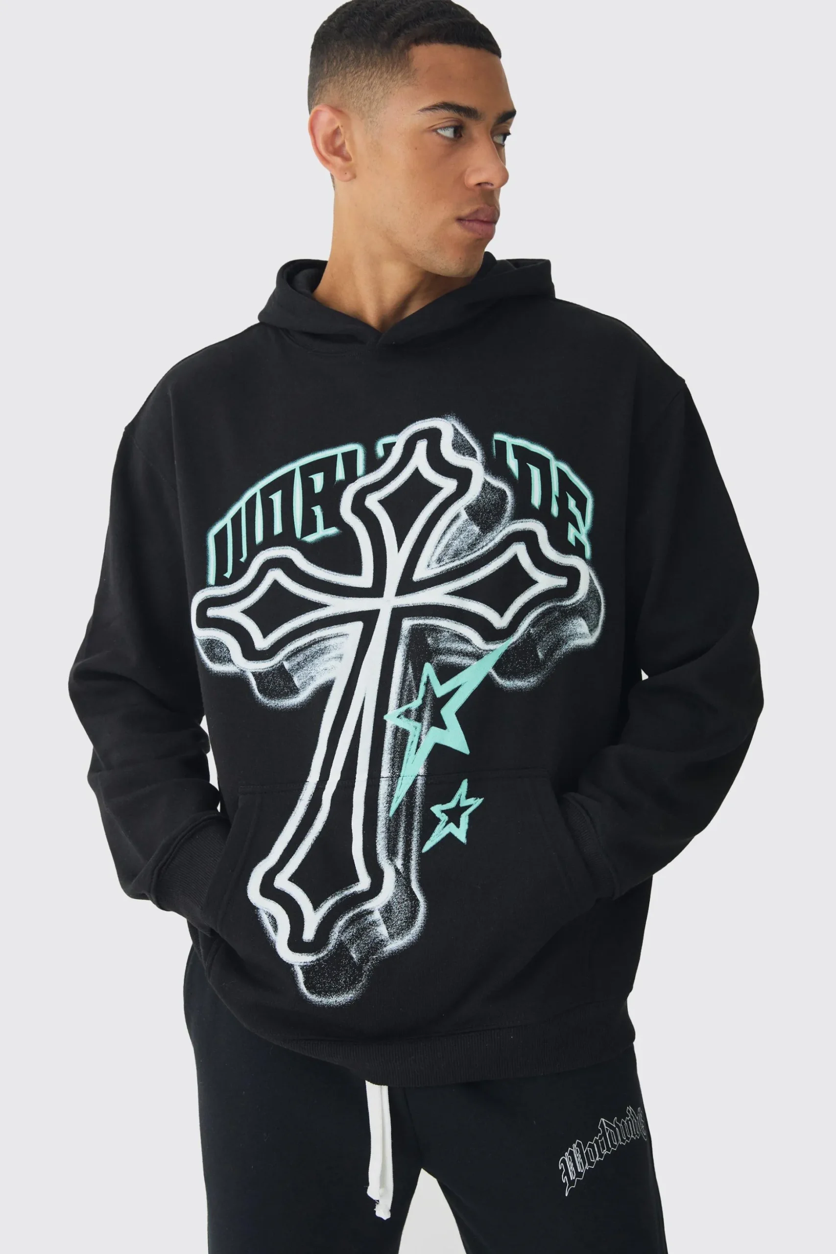 Oversized Cross Printed Hoodie | BoohooMAN UK