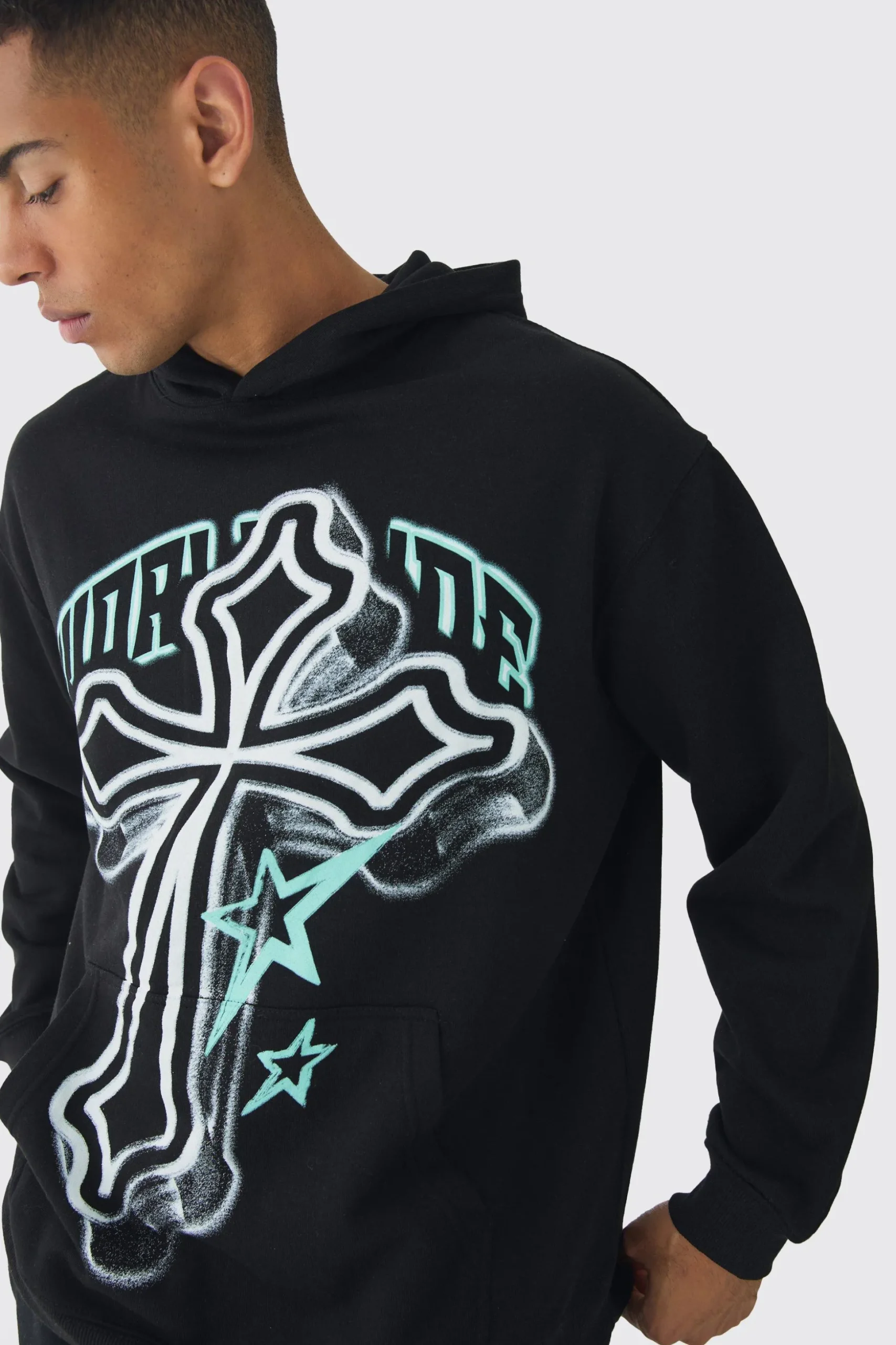 Oversized Cross Printed Hoodie | BoohooMAN UK