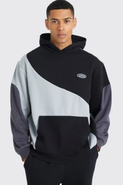 Oversized Curved Colour Block Hoodie | BoohooMAN UK