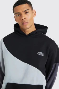 Oversized Curved Colour Block Hoodie | BoohooMAN UK