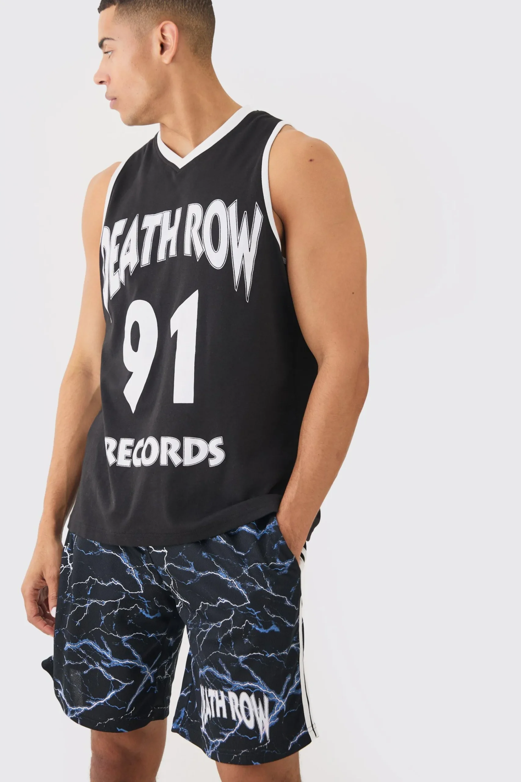 Oversized Death Row License Mesh Vest And Short Set | BoohooMAN UK