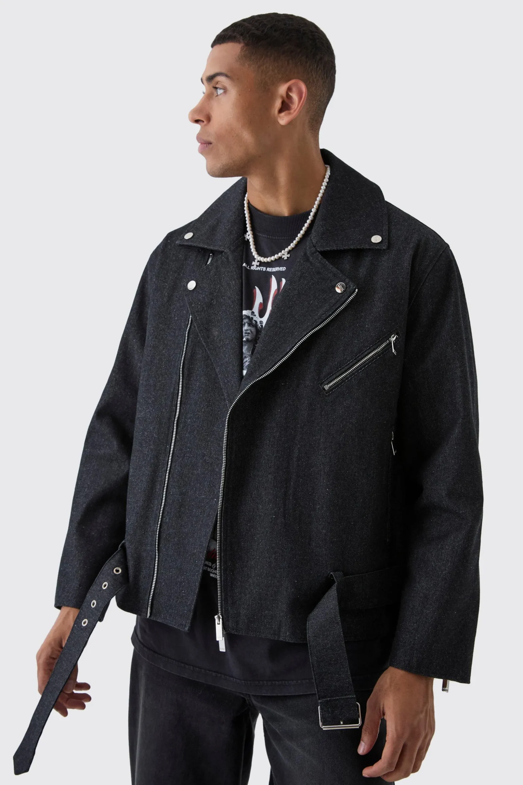 Oversized Denim Biker Jacket | BoohooMAN UK