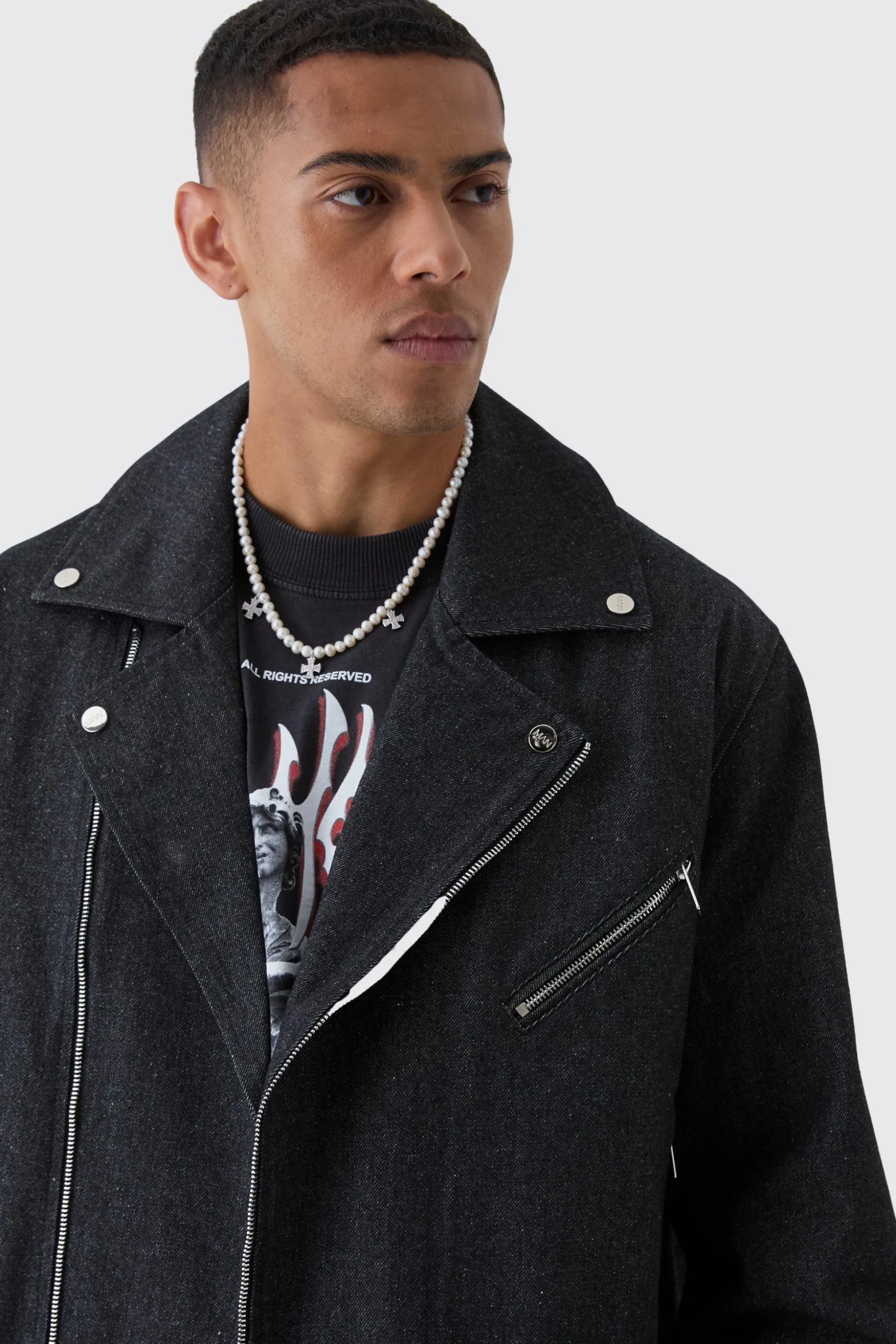Oversized Denim Biker Jacket | BoohooMAN UK