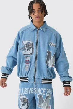 Oversized Denim Exclusive Applique Bomber Jacket | BoohooMAN UK