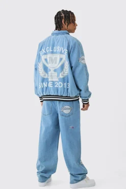 Oversized Denim Exclusive Applique Bomber Jacket | BoohooMAN UK