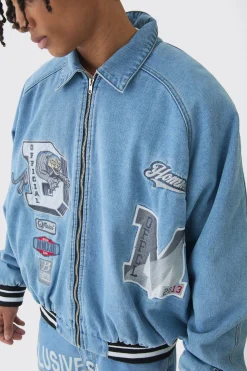 Oversized Denim Exclusive Applique Bomber Jacket | BoohooMAN UK