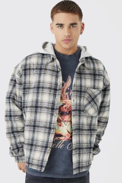 Oversized Detachable Hood Quilted Check Shirt | BoohooMAN UK