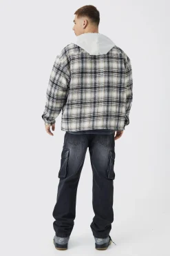 Oversized Detachable Hood Quilted Check Shirt | BoohooMAN UK