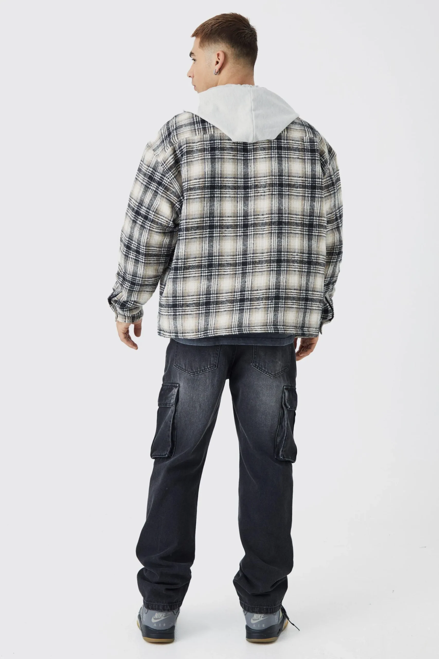 Oversized Detachable Hood Quilted Check Shirt | BoohooMAN UK