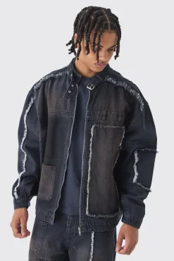 Oversized Dirty Wash Carpenter Denim Biker Jacket | BoohooMAN UK