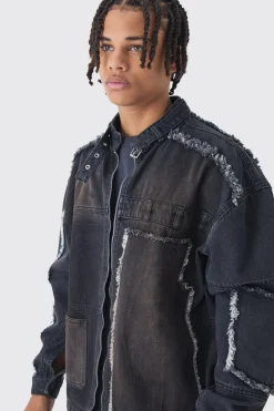 Oversized Dirty Wash Carpenter Denim Biker Jacket | BoohooMAN UK