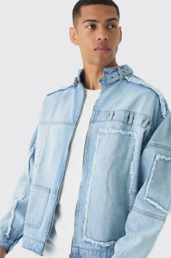 Oversized Dirty Wash Carpenter Denim Biker Jacket | BoohooMAN UK