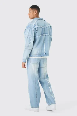 Oversized Dirty Wash Carpenter Denim Biker Jacket | BoohooMAN UK