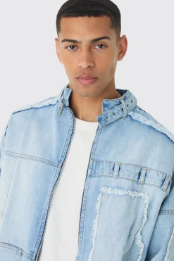 Oversized Dirty Wash Carpenter Denim Biker Jacket | BoohooMAN UK
