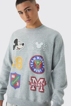Oversized Disney Mickey Mouse Varsity License Print Sweatshirt | BoohooMAN UK