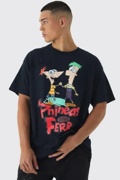 Oversized Disney Phineas And Ferb Wash License Print T-Shirt | BoohooMAN UK