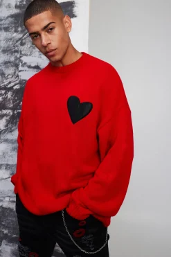 Oversized Distressed Hem And Heart Detail Jumper | BoohooMAN UK