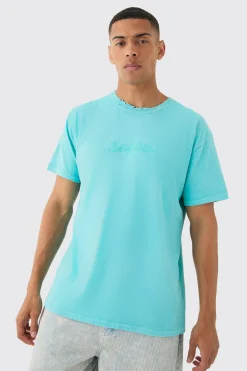 Oversized Distressed Neck Embroidered T-shirt | BoohooMAN UK
