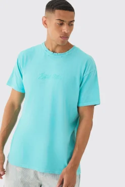 Oversized Distressed Neck Embroidered T-shirt | BoohooMAN UK