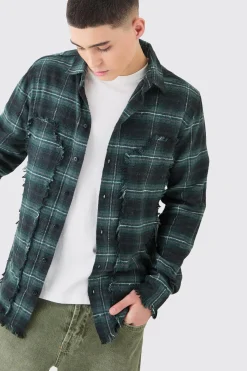 Oversized Distressed Panel Check Shirt | BoohooMAN UK