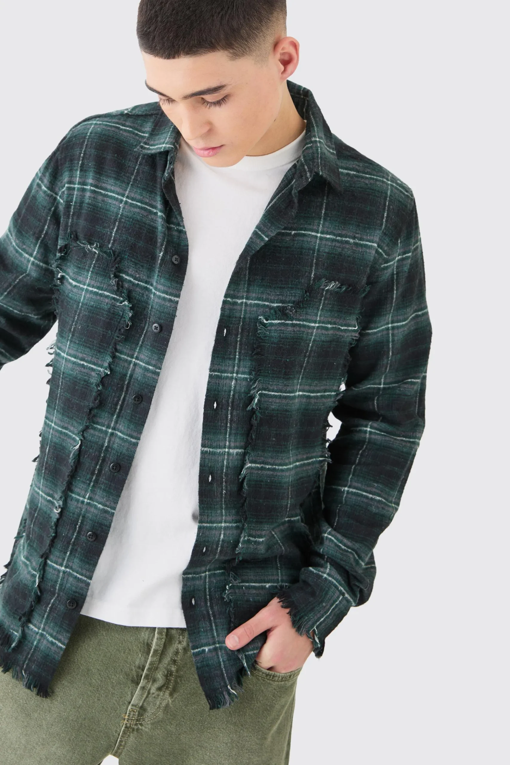 Oversized Distressed Panel Check Shirt | BoohooMAN UK