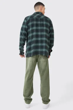 Oversized Distressed Panel Check Shirt | BoohooMAN UK